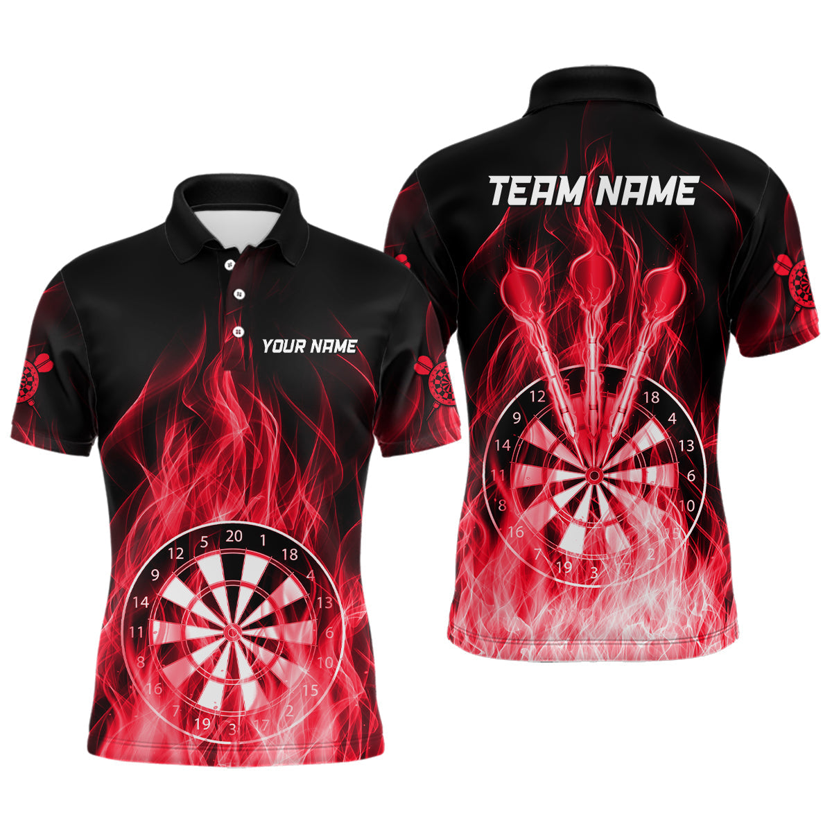 Rotes Feuerflammen-Dartboard-Dart-Poloshirt für Herren, individuelle Darttrikots TDM3298