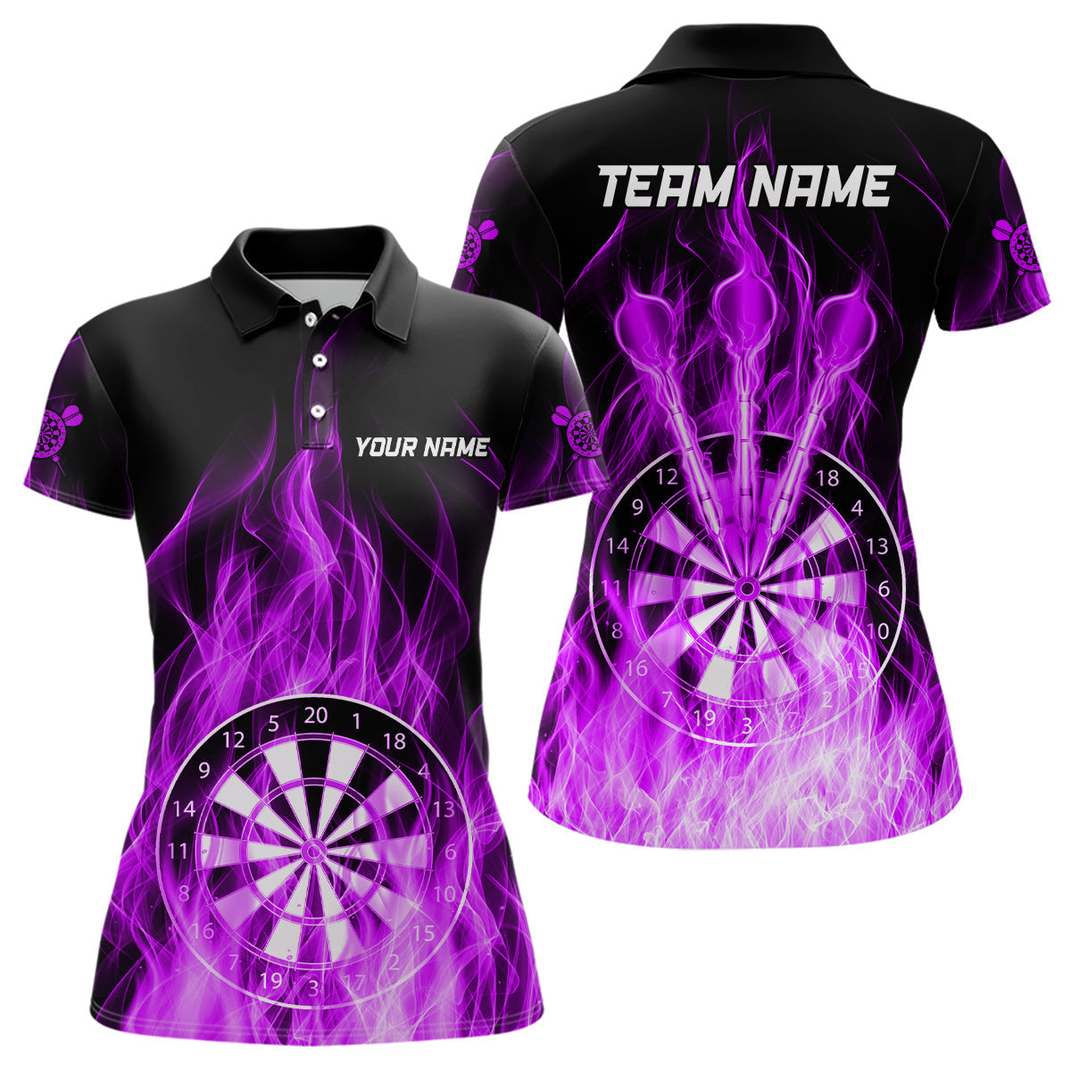 Lila Feuerflamme Dartbrett Darts-Poloshirt für Damen, Individuelle Dart-Trikots TDM3299