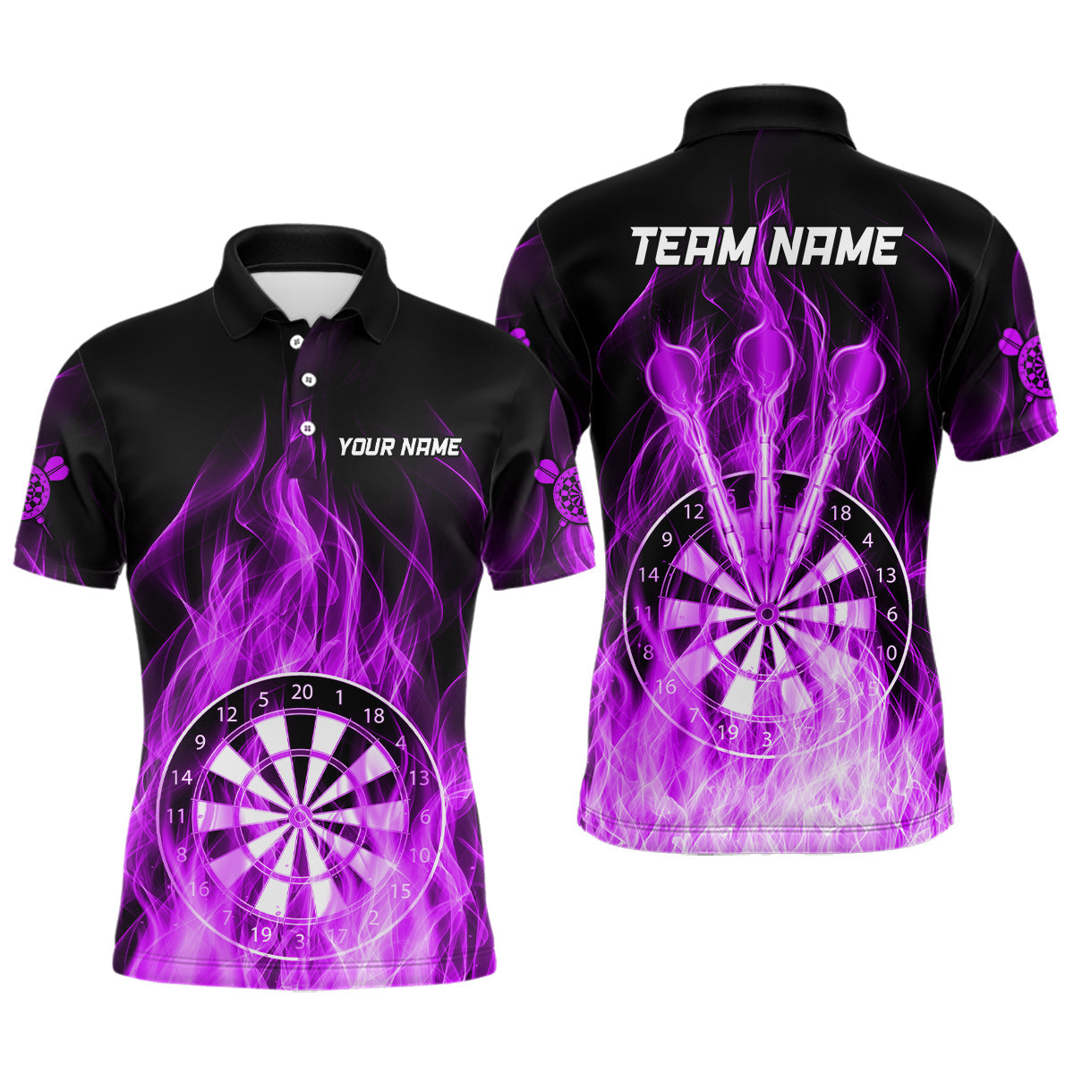 Lila Feuerflammen-Dartboard-Dart-Poloshirt für Herren, individuelle Darttrikots TDM3299