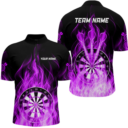 Lila Feuerflamme Dartboard Darts Herren Shirt mit Viertelreißverschluss, Individuelles Dart Trikots TDM3299
