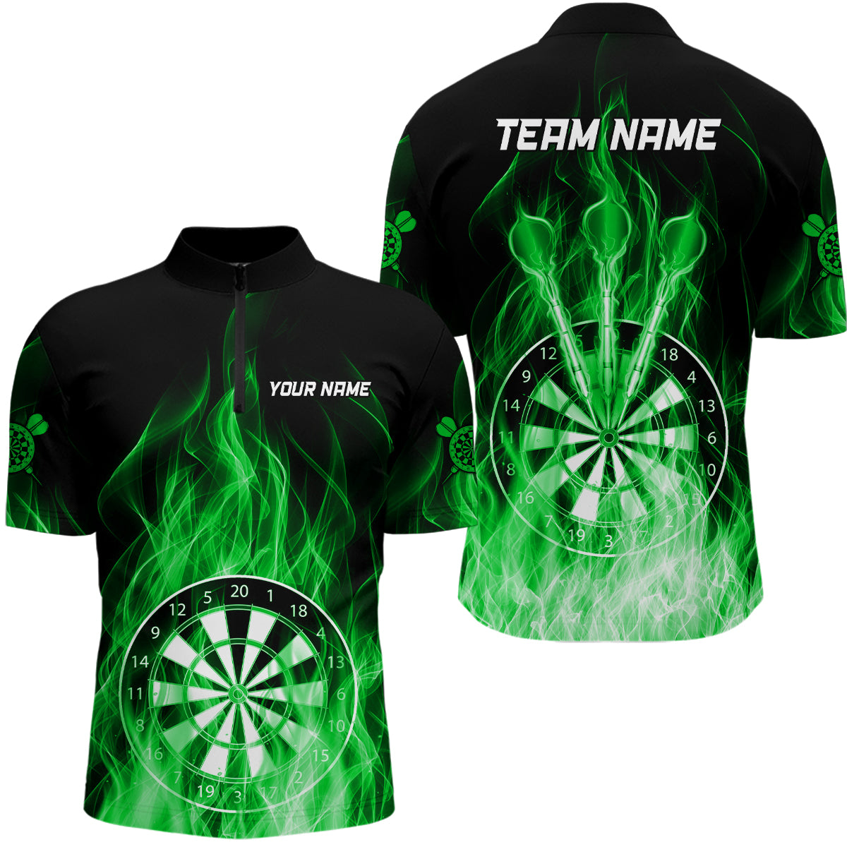 Feuerflamme Dartboard 3D Darts Polo & Viertelreißverschluss Maßgeschneiderte Herren Dartshirts Darttrikots |Grün TDM3300