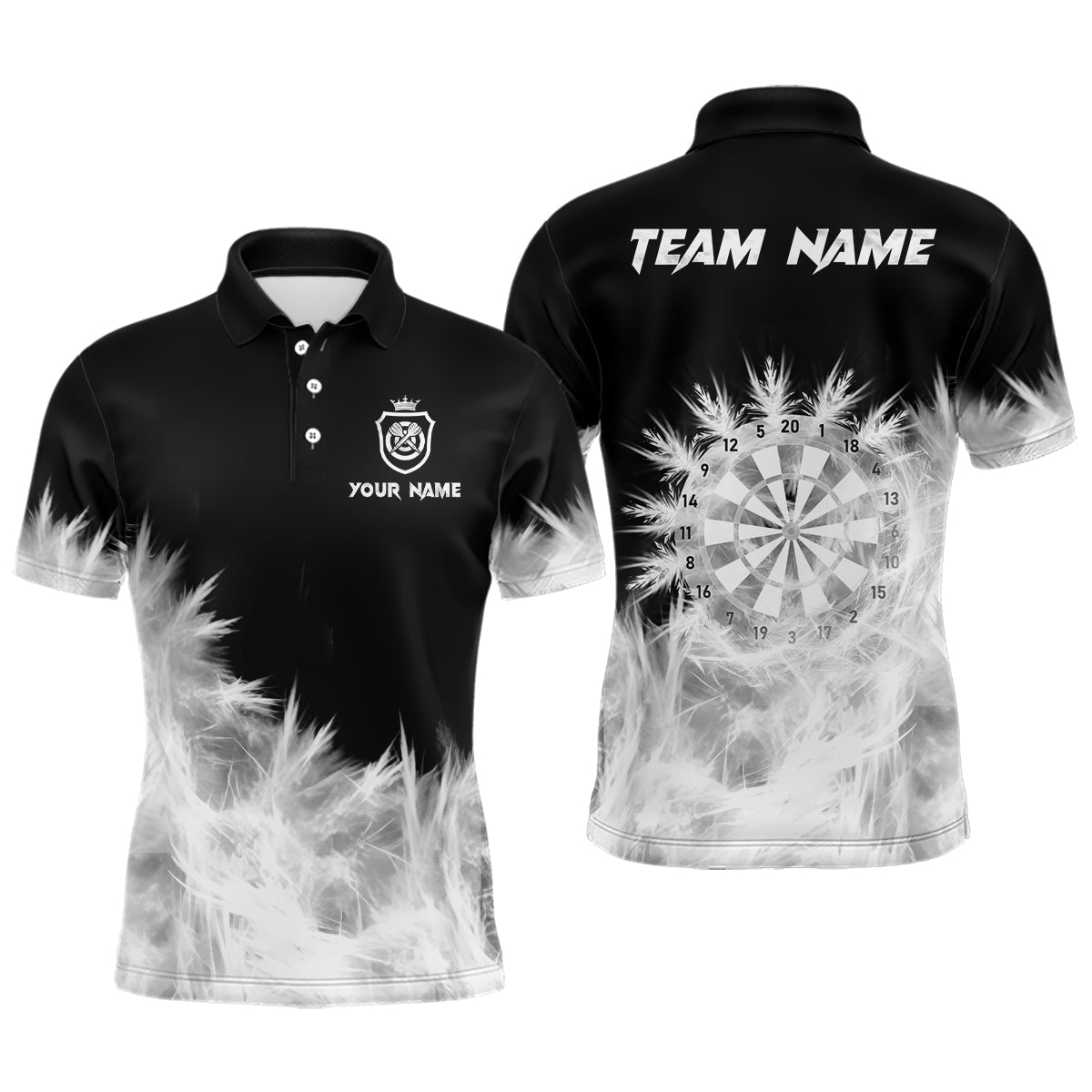 Individuelles Eisiges Schwarz Weißes Licht Dart Poloshirt für Herren, Team Dart Trikot TDM2832