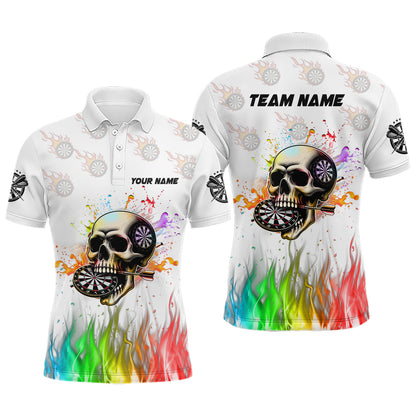 Lustige 3D Darts Schädel Buntes Feuer Herren Dartshirts Maßgeschneiderte Dart Teamtrikots | Weiß TDM2593