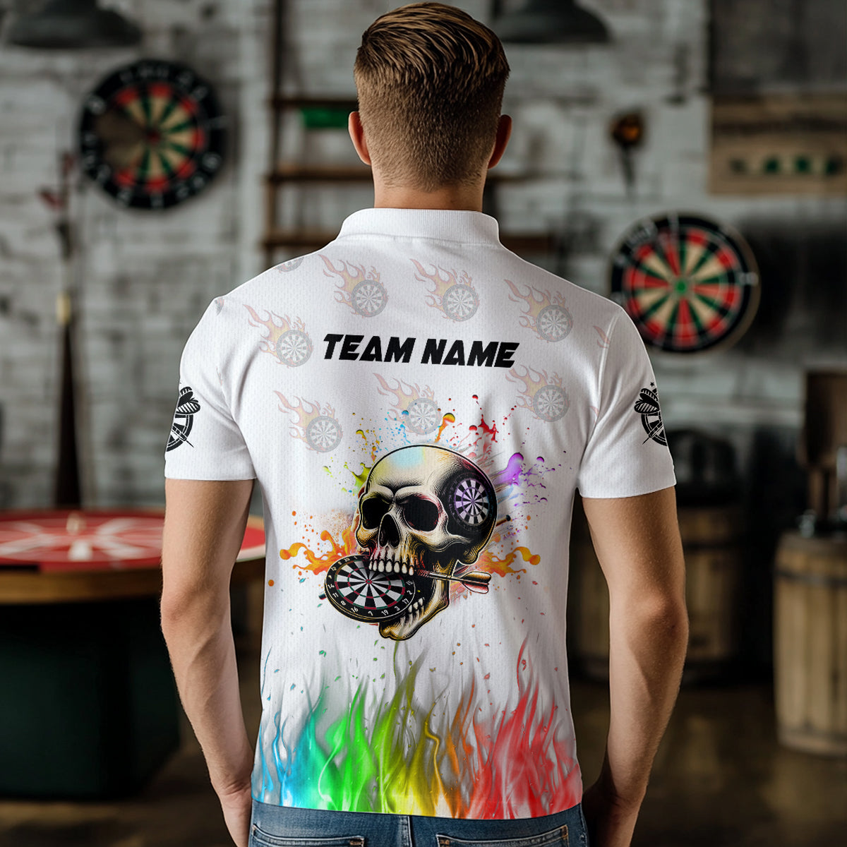 Lustige 3D Darts Schädel Buntes Feuer Herren Dartshirts Maßgeschneiderte Dart Teamtrikots | Weiß TDM2593