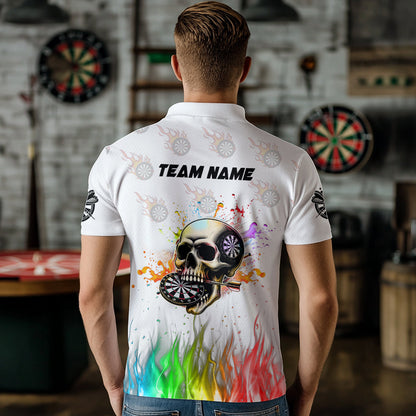 Lustige 3D Darts Schädel Buntes Feuer Herren Dartshirts Maßgeschneiderte Dart Teamtrikots | Weiß TDM2593