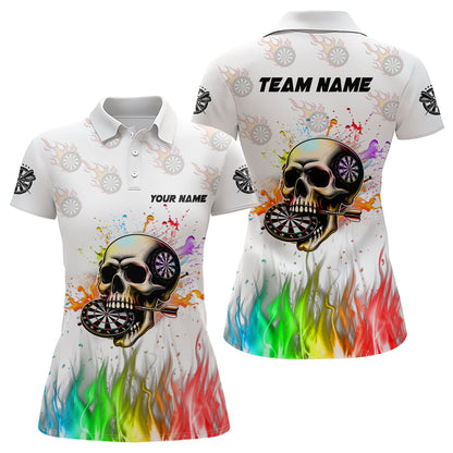 Buntes Feuer-Totenkopf 3D Design, Damen-Dartshirt & Teamtrikot personalisiert | Weiß TDM2593