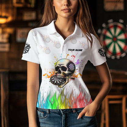 Buntes Feuer-Totenkopf 3D Design, Damen-Dartshirt & Teamtrikot personalisiert | Weiß TDM2593