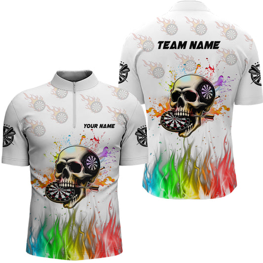 Lustige 3D Darts Schädel Buntes Feuer Herren Dartshirts Maßgeschneiderte Dart Teamtrikots | Weiß TDM2593