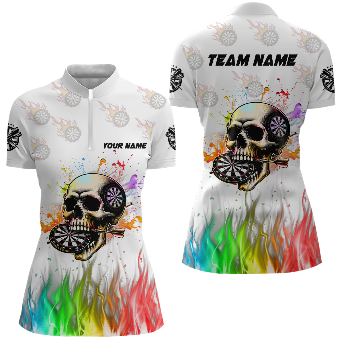 Buntes Feuer-Totenkopf 3D Design, Damen-Dartshirt & Teamtrikot personalisiert | Weiß TDM2593
