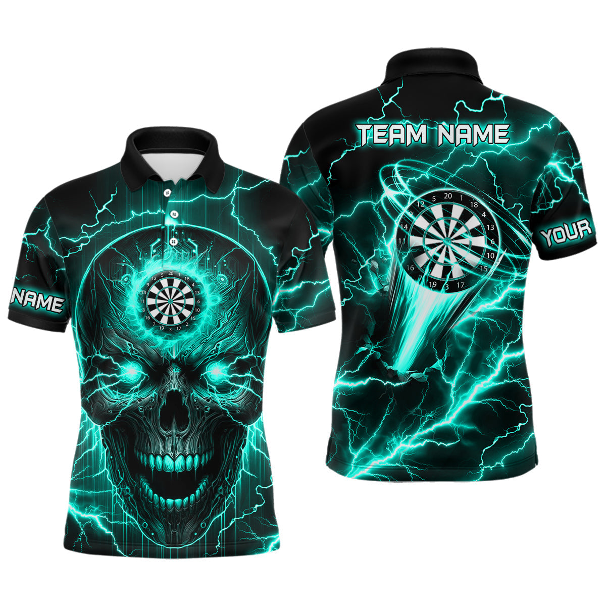 Individuelles Türkises Dart Totenkopf Dart Poloshirt für Herren, Blitz Donner Dart Trikot TDM2838