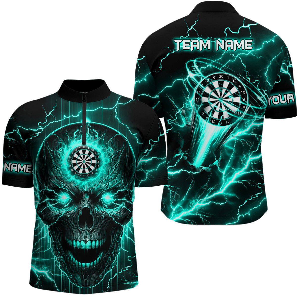 Individuelles Türkises Darts Skull Dart Herren Shirt mit Viertelreißverschluss, Lightning Thunder Dart Trikot TDM2838