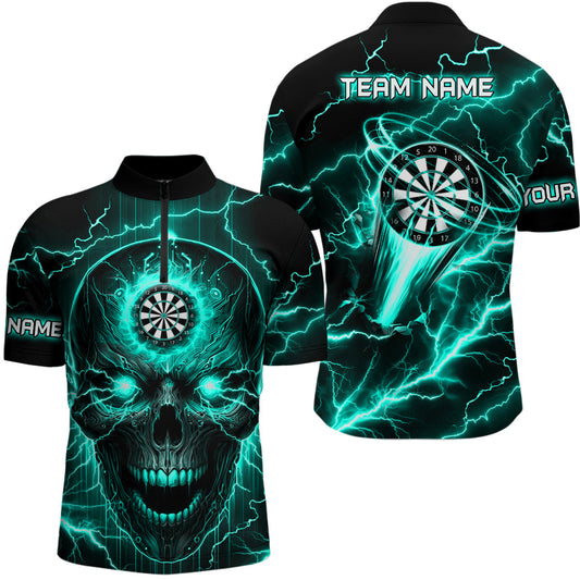 Individuelles Türkises Darts Skull Dart Herren Shirt mit Viertelreißverschluss, Lightning Thunder Dart Trikot TDM2838