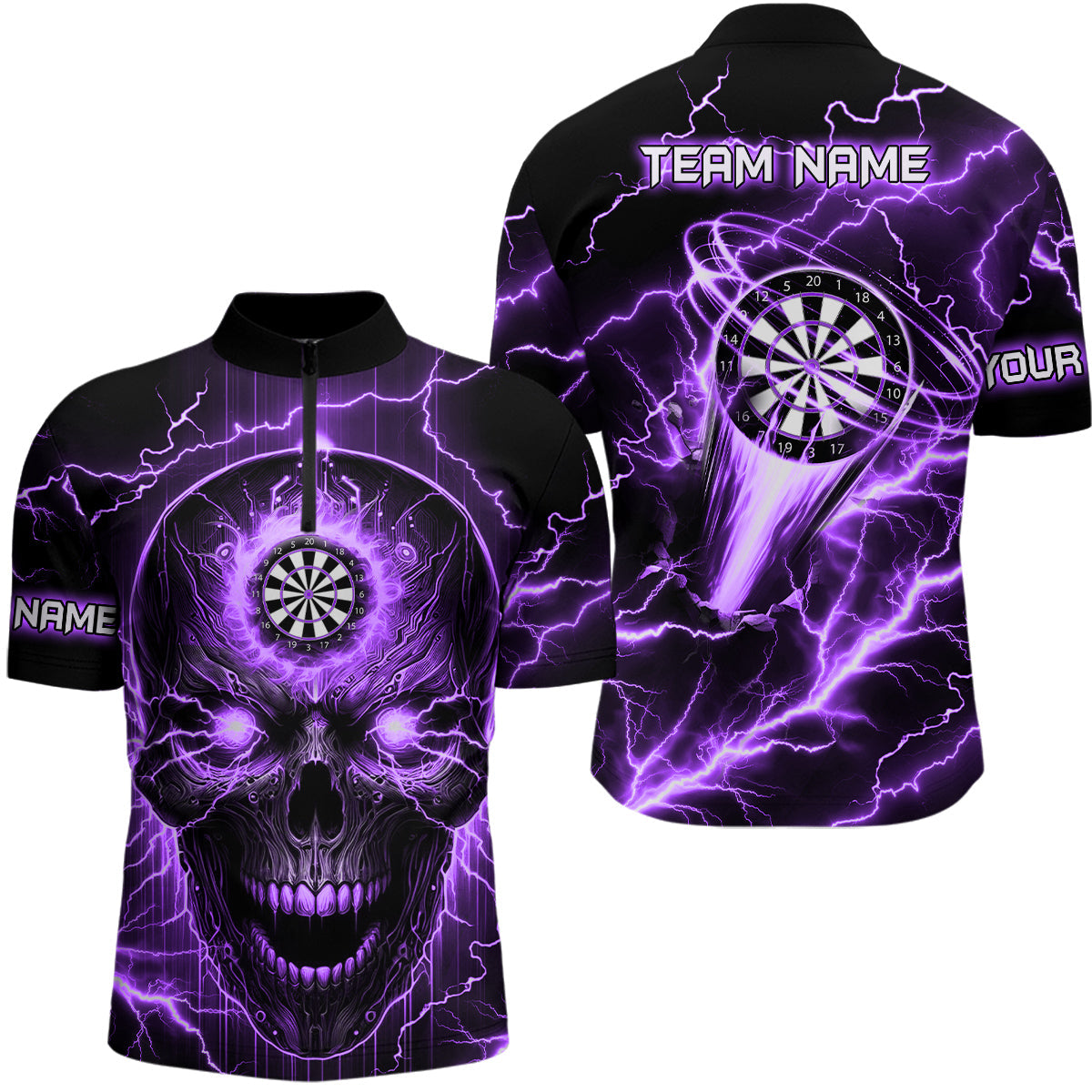 Individuelles Lila Darts Skull Dart Herren Shirt mit Viertelreißverschluss, Lightning Thunder Dart Trikot TDM2839