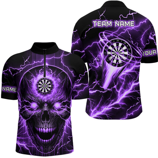 Individuelles Lila Darts Skull Dart Herren Shirt mit Viertelreißverschluss, Lightning Thunder Dart Trikot TDM2839
