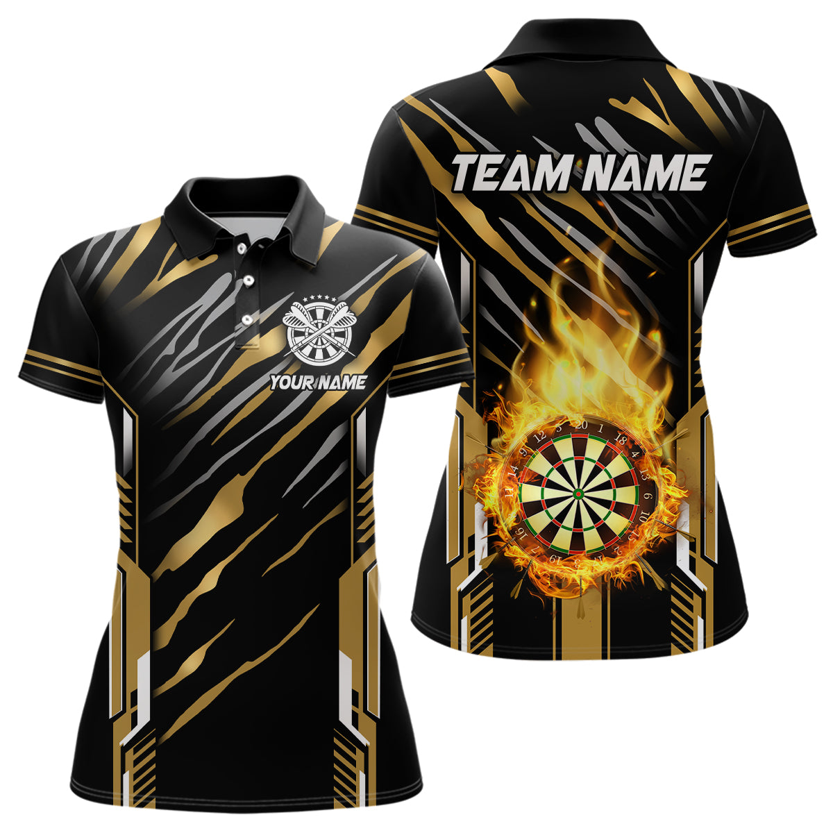 Individuelles Dart Board Feuerflamme Dart Poloshirt für Damen, Dart Liga Trikot Team-Uniform Gold TDM3073