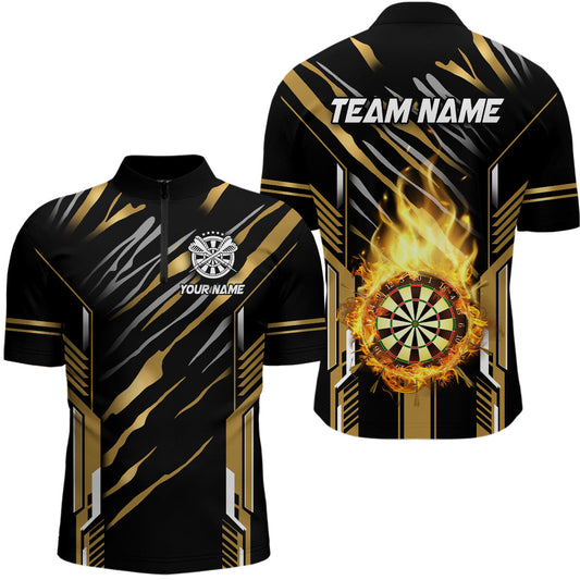 Individuelles Darts Board Feuerflamme Dart Herren Shirt mit Viertelreißverschluss, Dart Liga Trikot Team Uniform Gold TDM3073
