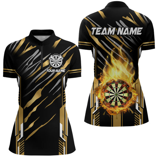 Individuelles Dartboard Feuerflamme Dart Quarter Zip Shirt Für Damen, Dart Liga Trikot Team Uniform Gold TDM3073