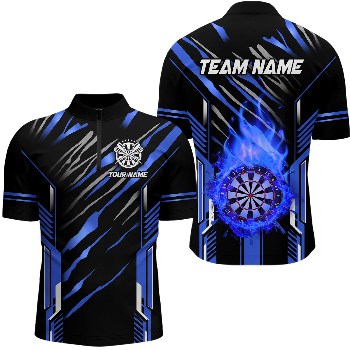 Individuelles Darts Board Feuerflamme Dart Herren Shirt mit Viertelreißverschluss, Dart Liga Trikot Team Uniform Blau TDM3074