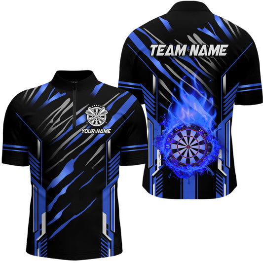 Individuelles Darts Board Feuerflamme Dart Herren Shirt mit Viertelreißverschluss, Dart Liga Trikot Team Uniform Blau TDM3074