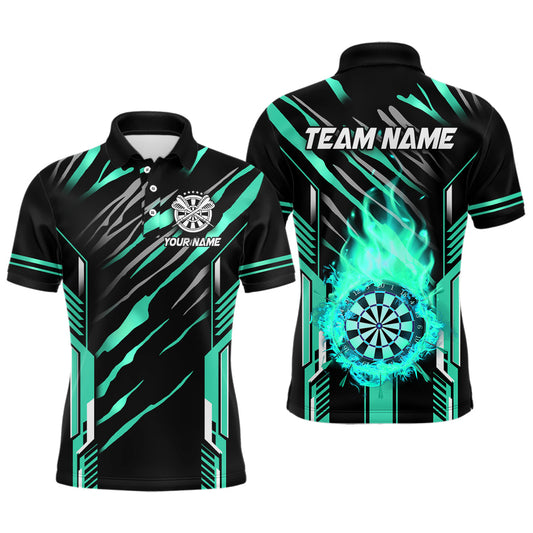 Individuelles Dartbrett-Feuerflammen-Dart-Poloshirt für Herren, Dart-Liga-Trikot-Team-Uniform Cyan TDM3075
