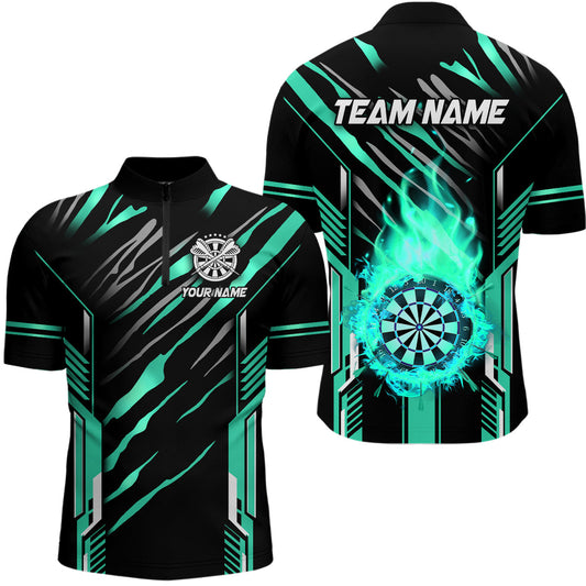 Individuelles Darts Board Feuerflamme Dart Herren Shirt mit Viertelreißverschluss, Dart Liga Trikot Team Uniform Cyan TDM3075