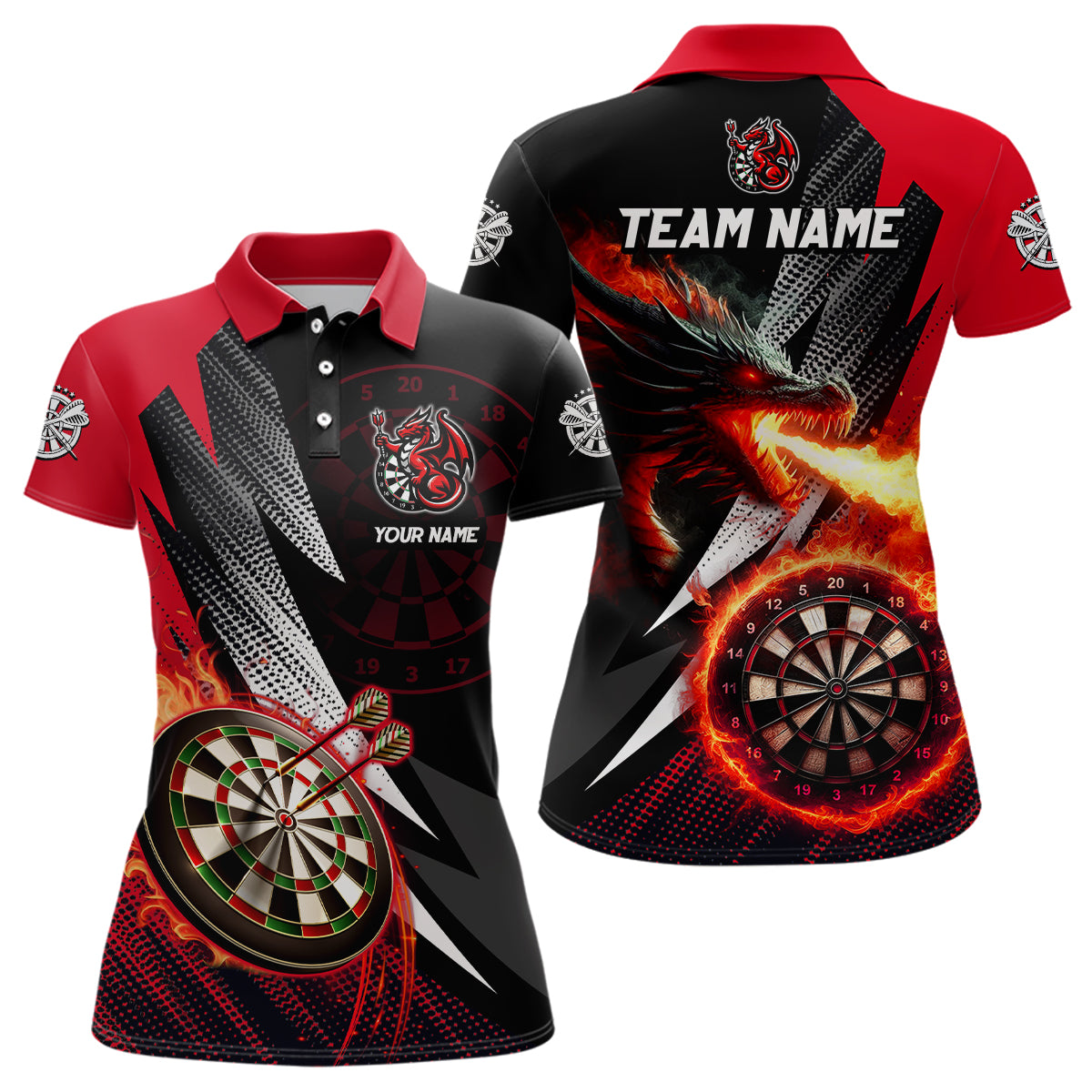 Individuelles Schwarzes und Rotes Flammender Drache Dart Poloshirt für Damen, Team Dart Trikot TDM3080