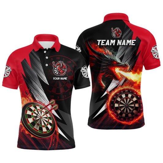 Individuelles schwarz-rotes flammendes Drachen-Dart-Poloshirt für Herren, Team-Darttrikot TDM3080
