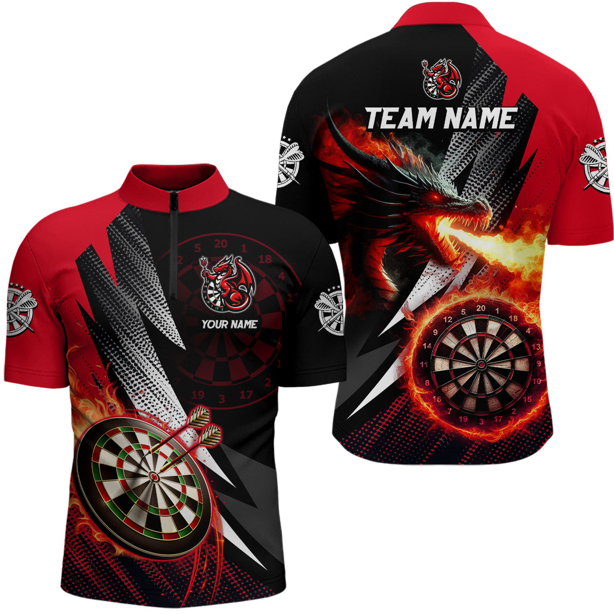 Individuelles Schwarzes und Rotes Flammender Drache Dart Herren Shirt mit Viertelreißverschluss, Team Dart Trikot TDM3080