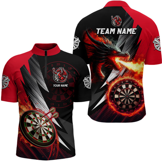 Individuelles Schwarzes und Rotes Flammender Drache Dart Herren Shirt mit Viertelreißverschluss, Team Dart Trikot TDM3080