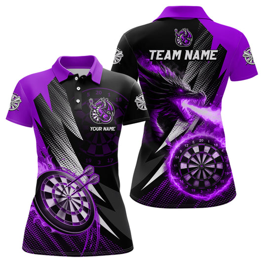 Individuelles Schwarzes und Lila Flammender Drache Dart Poloshirt für Damen, Team Dart Trikot TDM3081