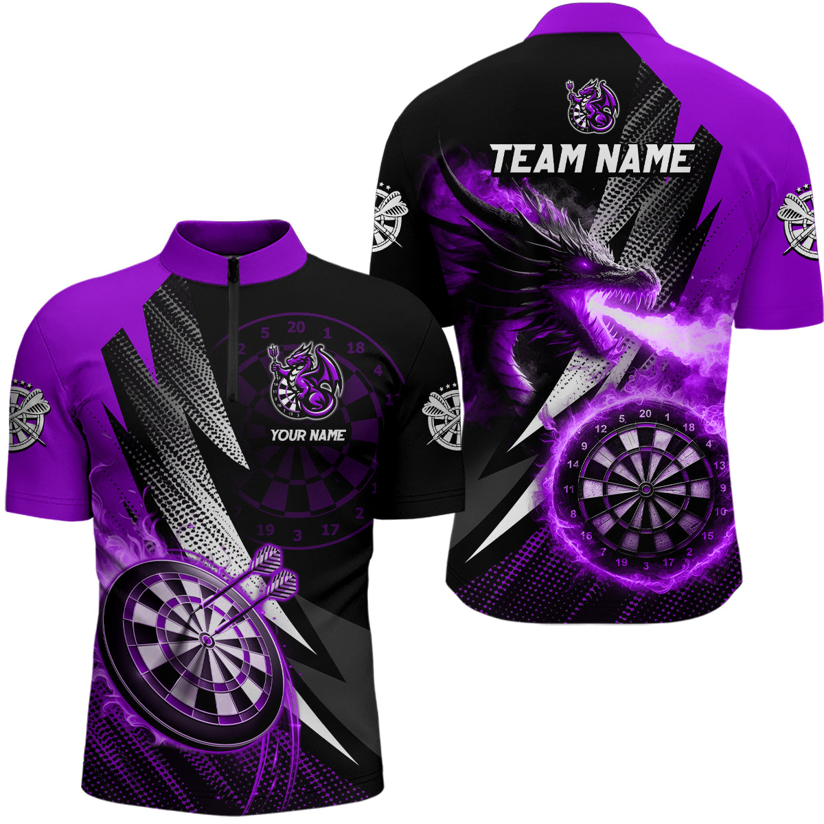 Individuelles Schwarzes und Lila Flammender Drache Dart Herren Shirt mit Viertelreißverschluss, Team Dart Trikot TDM3081