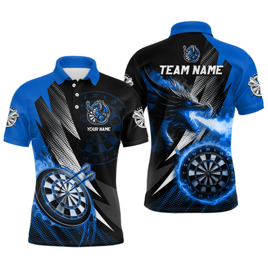 Individuelles schwarz-blaues flammendes Drachen-Dart-Poloshirt für Herren, Team-Darttrikot TDM3082