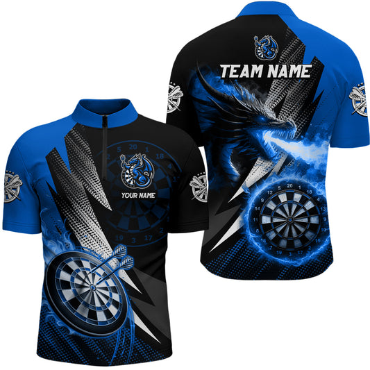 Individuelles Schwarzes und Blaues Flammender Drache Dart Herren Shirt mit Viertelreißverschluss, Team Dart Trikot TDM3082