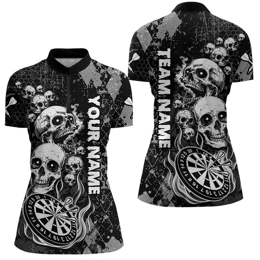 Individuelles Schwarz-Grau Grunge Argyle Schädel Dart Damen Quarter Zip Shirt – Team Dart Trikots TDM3836
