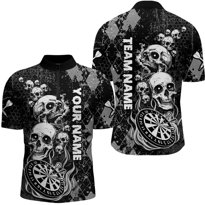 Individuelles Schwarz Grau Grunge Argyle Skull Dart Viertelreißverschluss Herren Shirt – Team Dart Trikots TDM3836