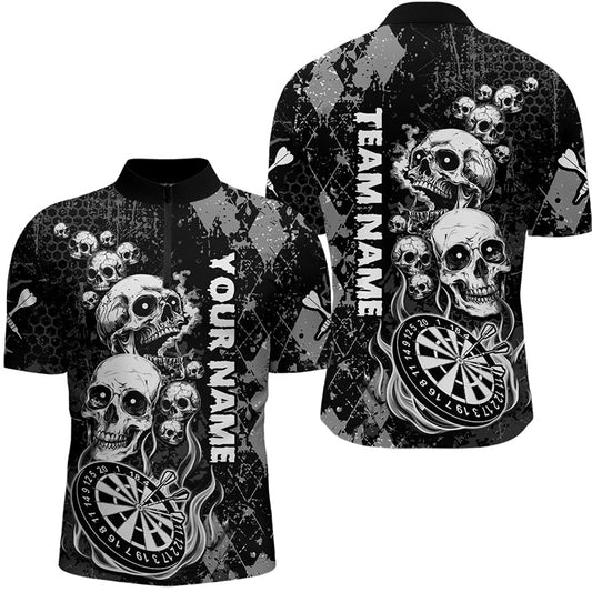 Individuelles Schwarz Grau Grunge Argyle Skull Dart Viertelreißverschluss Herren Shirt – Team Dart Trikots TDM3836