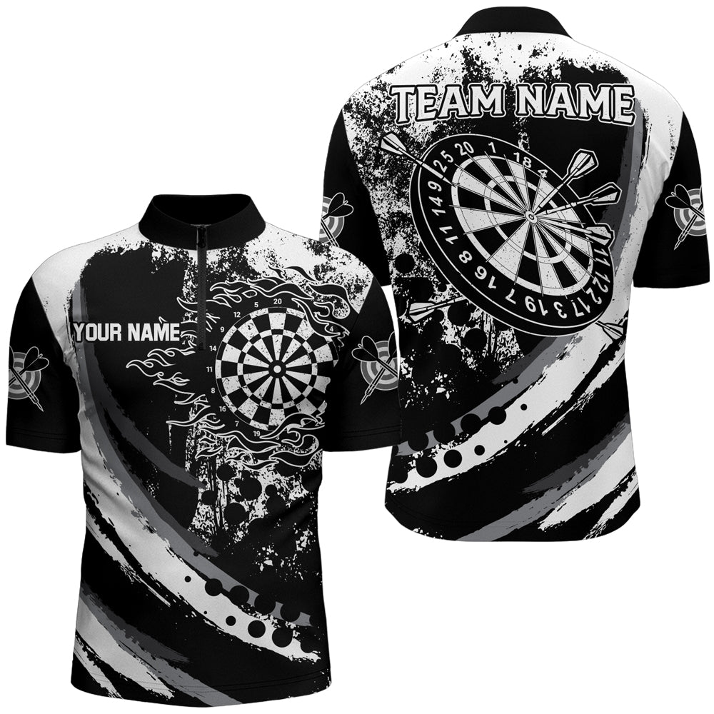 Grunge Schwarzes Dartboard Flamme Dart Herren Shirt mit Viertelreißverschluss, Retro Dart Team Trikot TDM1730