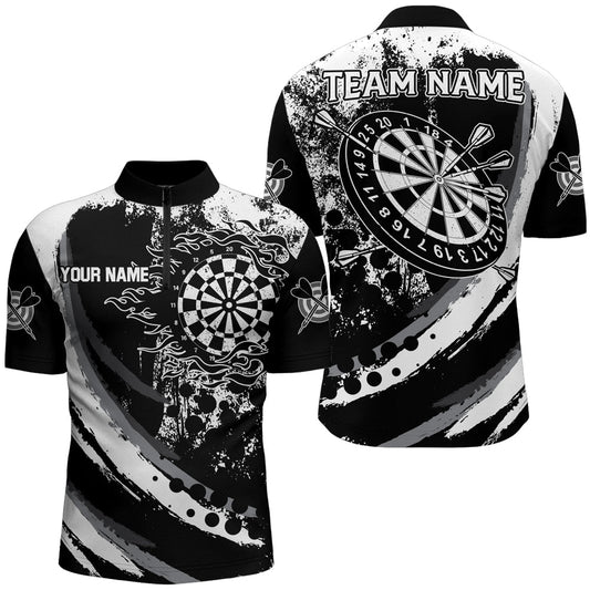 Grunge Schwarzes Dartboard Flamme Dart Herren Shirt mit Viertelreißverschluss, Retro Dart Team Trikot TDM1730