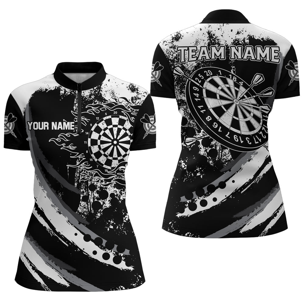 Individuelles Grunge schwarzes Dartboard Flame Dart Quarter Zip Shirt für Damen, Retro Dart Teamtrikot TDM1730