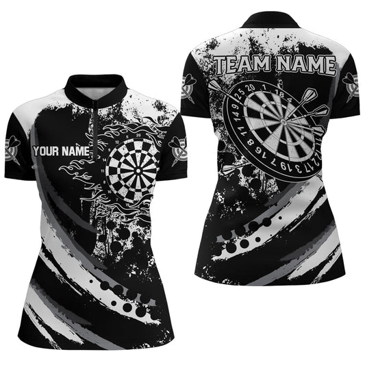 Individuelles Grunge schwarzes Dartboard Flame Dart Quarter Zip Shirt für Damen, Retro Dart Teamtrikot TDM1730