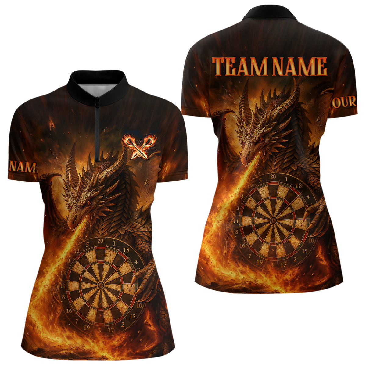 Oranges Flaming-Dragon Dartshirt Für Damen – Custom Liga-Teamtrikot Polo & Quarter Zip TDM4555