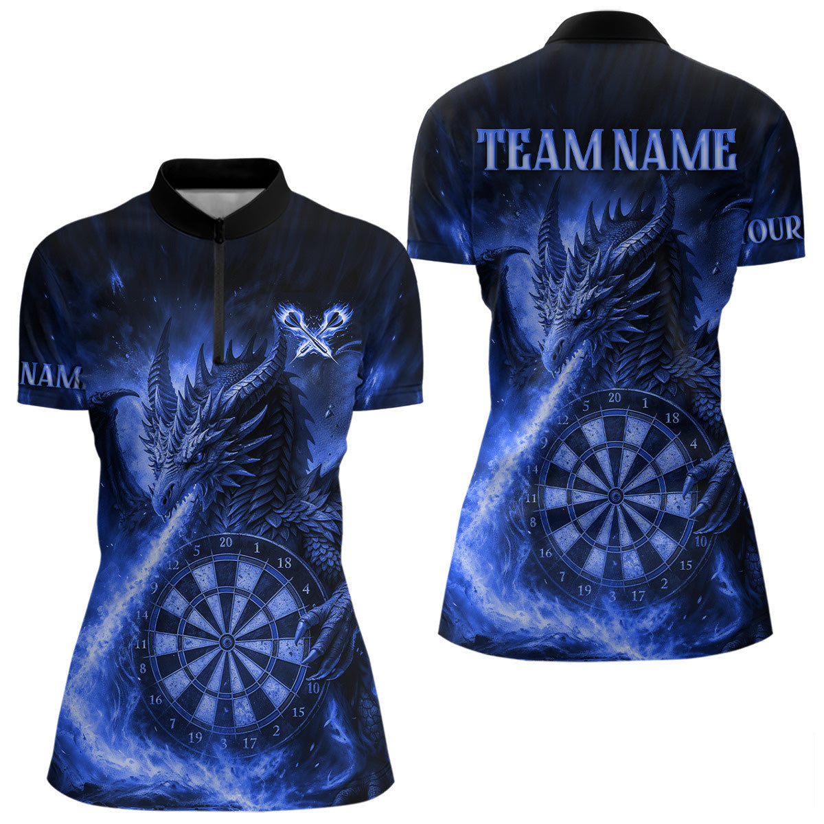 Blaues Flaming-Dragon Dartshirt Für Damen – Custom Liga-Teamtrikot Polo & Quarter Zip TDM4557