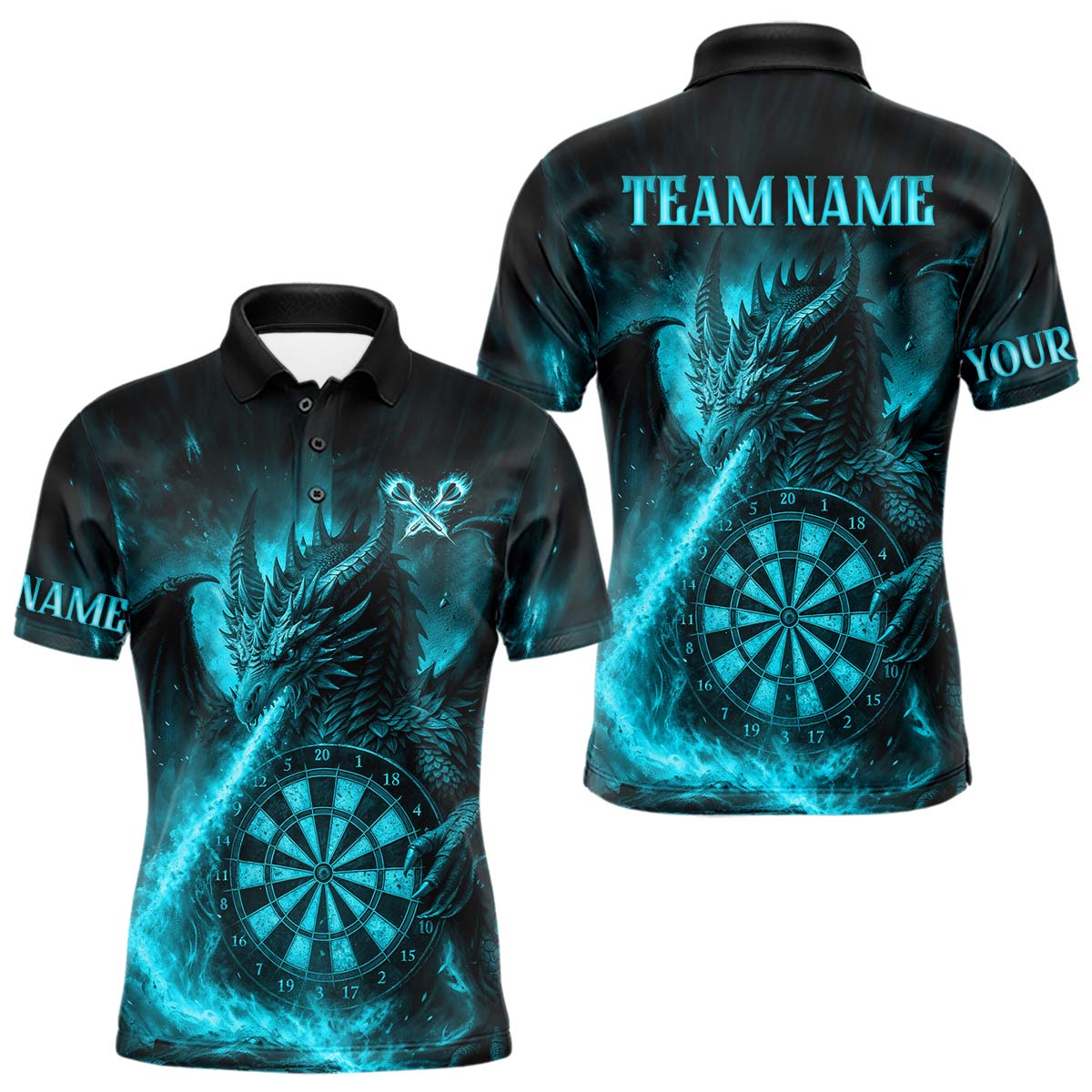 Türkisfarbenes Flaming-Dragon Dartshirt Für Herren – Custom Liga-Teamtrikot Polo & Quarter Zip TDM4587