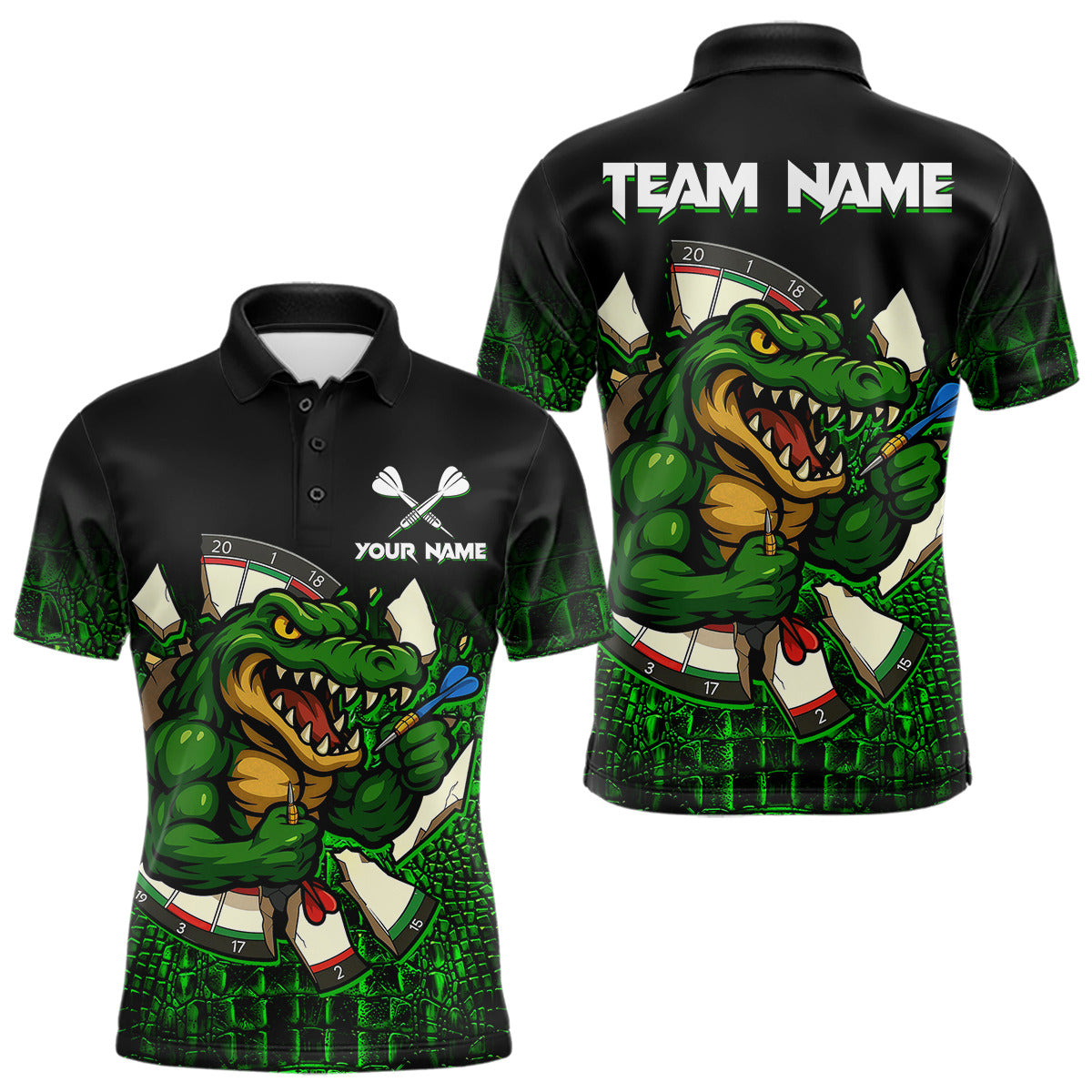 Schwarzes und grünes lustiges Alligator-Dartshirt für Herren – Individuelles Teamtrikot, Polo & 1/4 Zip TDM4877