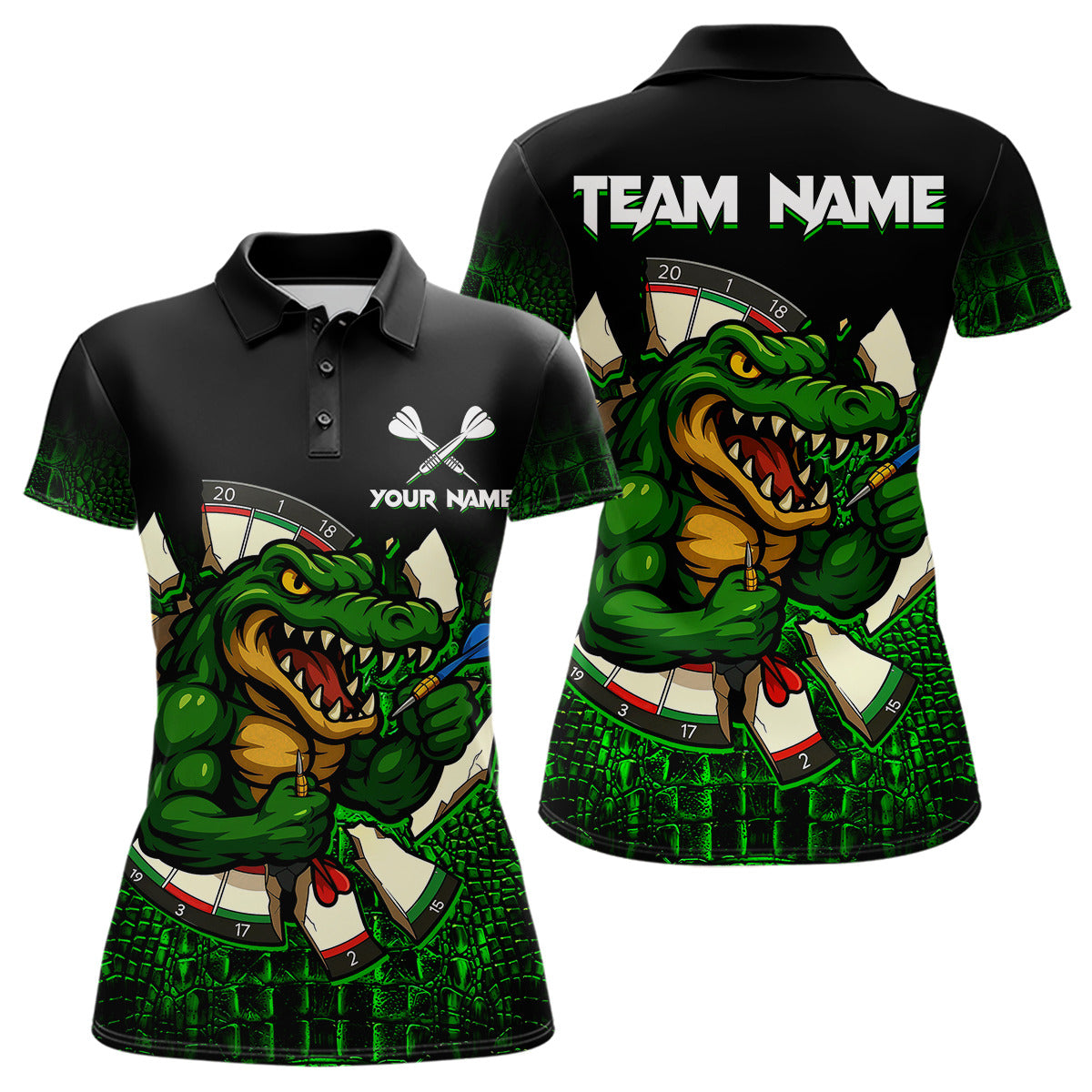 Schwarzes und grünes lustiges Alligator-Dartshirt für Damen – Individuelles Teamtrikot, Polo & 1/4 Zip TDM4877