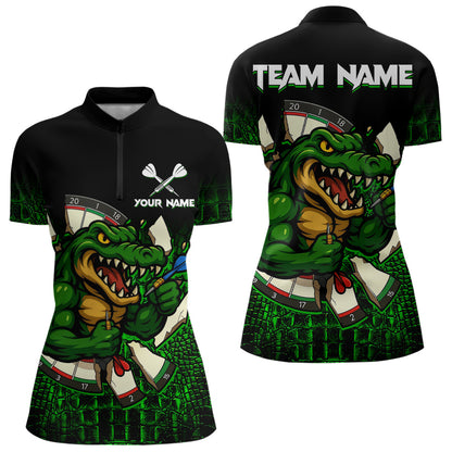 Schwarzes und grünes lustiges Alligator-Dartshirt für Damen – Individuelles Teamtrikot, Polo & 1/4 Zip TDM4877