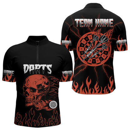 Rote Feuerflammen, Dartpfeile und Totenkopf Personalisierte Dartshirts für Herren, Teamtrikots NYN0085