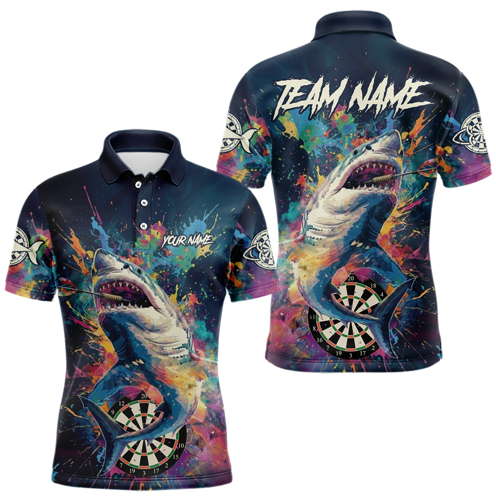 Personalisiertes, mehrfarbiges Farbspritzer-Shark Herren Darts Polo League Shirt - Lustiges Dart-Trikot NYN2217