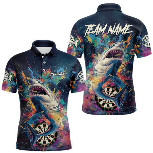 Personalisiertes, mehrfarbiges Farbspritzer-Shark Herren Darts Polo League Shirt - Lustiges Dart-Trikot NYN2217