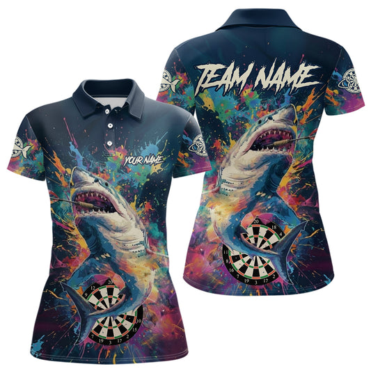 Personalisiertes, mehrfarbiges Farbspritzer-Shark Damen Darts Polo League Shirt - Lustiges Dart-Trikot NYN2217